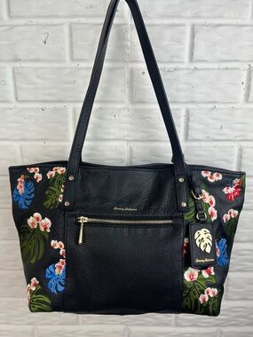Tommy Bahama Black Leather Floral Embroidered Tote with Gold Accent